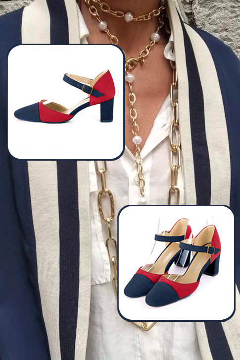 Women's navy blue and cardinal red open side dress shoes, with an instep strap. Round toe. Medium block heels - Top view